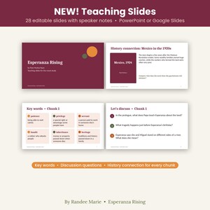 Puede incluir: Un conjunto de 28 diapositivas did&aacute;cticas editables para Esperanza Rising de Pam Mu&ntilde;oz Ryan, compatibles con PowerPoint o Google Slides. Las diapositivas presentan dise&ntilde;os en color granate y crema con texto sobre conexiones hist&oacute;ricas, palabras clave y preguntas.