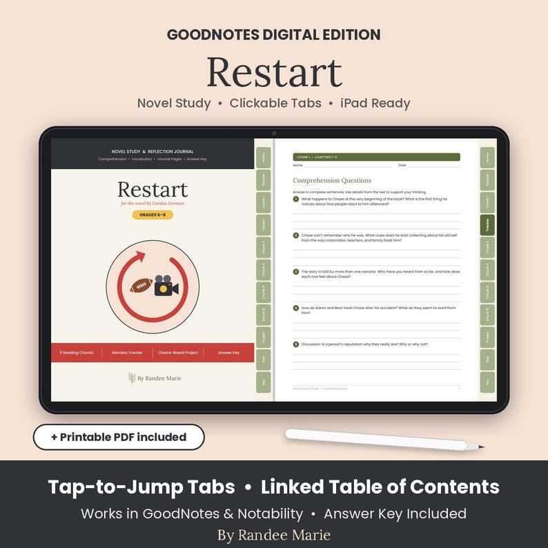 May include: A digital novel study journal for the book Restart by Gordon Korman, displayed on a tablet screen. The interface features clickable tabs, a table of contents, and comprehension questions. Includes a stylus and a printable PDF version.