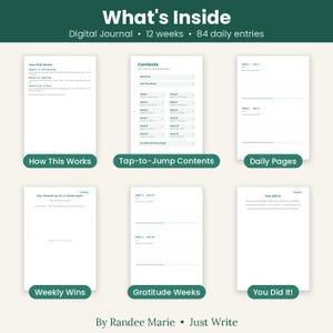 Op de afbeelding: Een digitaal dagboek met 12 weken en 84 dagelijkse invoeren. De lay-out bevat pagina's voor How This Works, een interactieve inhoudsopgave, dagelijkse pagina's, wekelijkse overwinningen, dankbaarheidsweken en een You Did It-pagina.