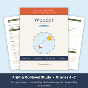 May include: A novel study and reflection journal for the book Wonder by R.J. Palacio, designed for grades 4-7. The cover features a rocket ship and planet illustration, with sections for reading chunks, a narrator tracker, and an answer key.