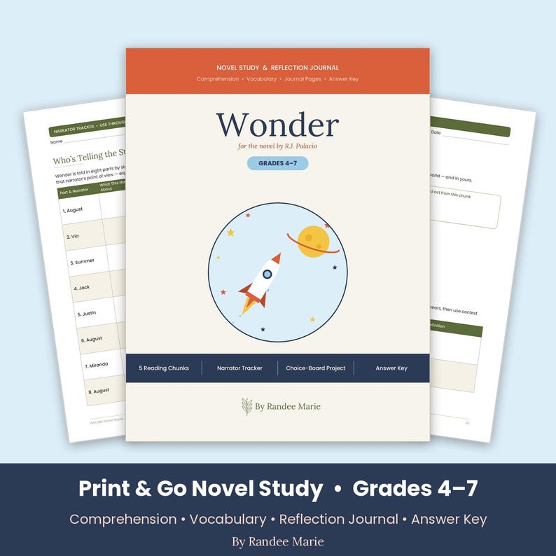May include: A novel study and reflection journal for the book Wonder by R.J. Palacio, designed for grades 4-7. The cover features a rocket ship and planet illustration, with sections for reading chunks, a narrator tracker, and an answer key.