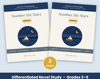 May include: Two Number the Stars novel study and reflection journals by Randee Marie. One workbook is for grades 2-4, level 1 guided, and the other is for grades 5-6, level 2 advanced. Both feature a circular illustration of a sailboat at night.