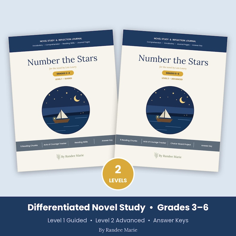 Puede incluir: Dos diarios de estudio y reflexi&oacute;n de la novela Number the Stars de Randee Marie. Un cuaderno es para los grados 2-4, nivel 1 guiado, y el otro para los grados 5-6, nivel 2 avanzado. Ambos presentan una ilustraci&oacute;n circular de un velero.