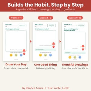 Pode incluir: Um gr&aacute;fico instrutivo de tr&ecirc;s partes intitulado Builds the Habit, Step by Step. Exibe p&aacute;ginas de di&aacute;rio para as semanas 1-4, 5-8 e 9-12. Cada p&aacute;gina apresenta uma caixa de desenho, um rastreador de humor e perguntas como What happened today?