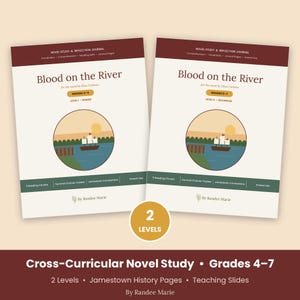 May include: Two educational workbooks titled Blood on the River, a novel study and reflection journal by Randee Marie. The left cover indicates Grades 4-5 Level 1 Guided, while the right cover indicates Grades 6-7 Level 2 Advanced. Both feature a circular illustration of a ship on water.