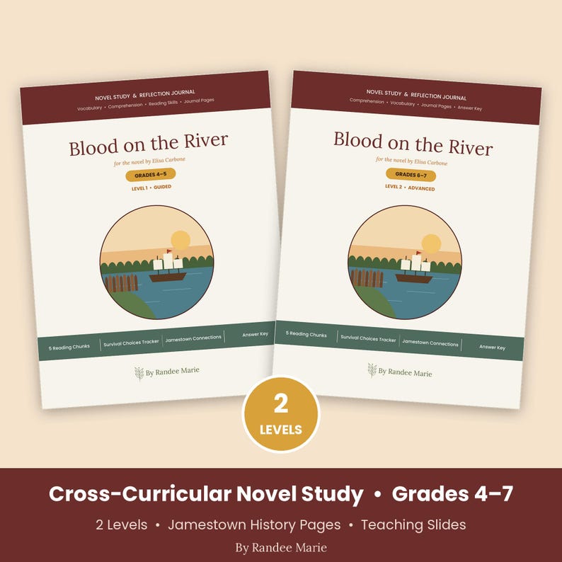 May include: Two educational workbooks titled Blood on the River, a novel study and reflection journal by Randee Marie. The left cover indicates Grades 4-5 Level 1 Guided, while the right cover indicates Grades 6-7 Level 2 Advanced. Both feature a circular illustration of a ship on water.