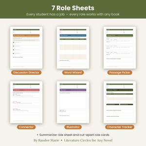 May include: A set of 7 role sheets for literature circles, including Discussion Director, Word Wizard, Passage Picker, Connector, Illustrator, and Character Tracker. Each white page features green headers, structured fields for student input, and text.