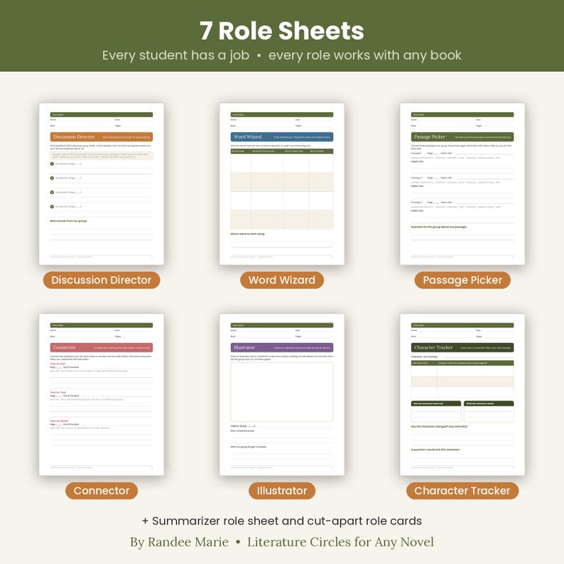 May include: A set of 7 role sheets for literature circles, including Discussion Director, Word Wizard, Passage Picker, Connector, Illustrator, and Character Tracker. Each white page features green headers, structured fields for student input, and text.