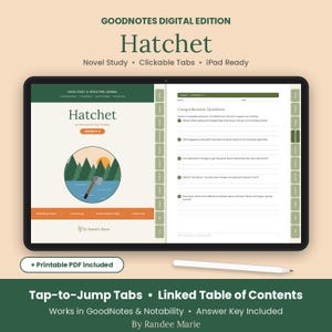 May include: A digital novel study journal for the book Hatchet, displayed on a tablet screen with clickable tabs. The interface shows comprehension questions, a circular graphic of a hatchet in a forest, and navigation menus. Includes a stylus.