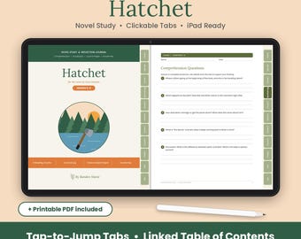 Étude du roman Hatchet de Gary Paulsen, version imprimable et numérique GoodNotes, niveaux 5 à 8, compréhension, vocabulaire, corrigé