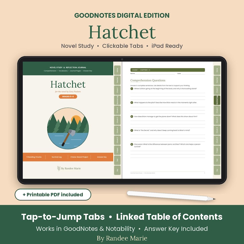 May include: A digital novel study journal for the book Hatchet, displayed on a tablet screen with clickable tabs. The interface shows comprehension questions, a circular graphic of a hatchet in a forest, and navigation menus. Includes a stylus.