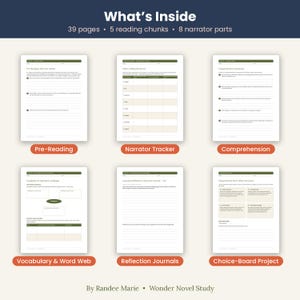 May include: A digital educational resource titled Wonder Novel Study by Randee Marie, featuring 39 pages, 5 reading chunks, and 8 narrator parts. The layout displays six worksheets including Pre-Reading, Narrator Tracker, Comprehension, Vocabulary & Word Web, Reflection Journals, and Choice-Board Project with white backgrounds and dark green headers.