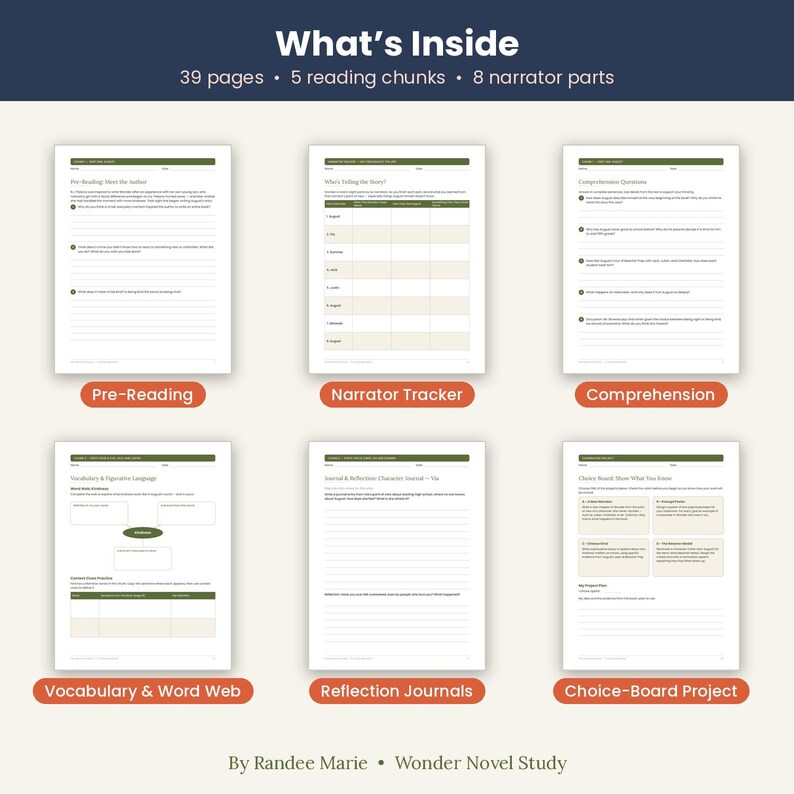 May include: A digital educational resource titled Wonder Novel Study by Randee Marie, featuring 39 pages, 5 reading chunks, and 8 narrator parts. The layout displays six worksheets including Pre-Reading, Narrator Tracker, Comprehension, Vocabulary & Word Web, Reflection Journals, and Choice-Board Project with white backgrounds and dark green headers.