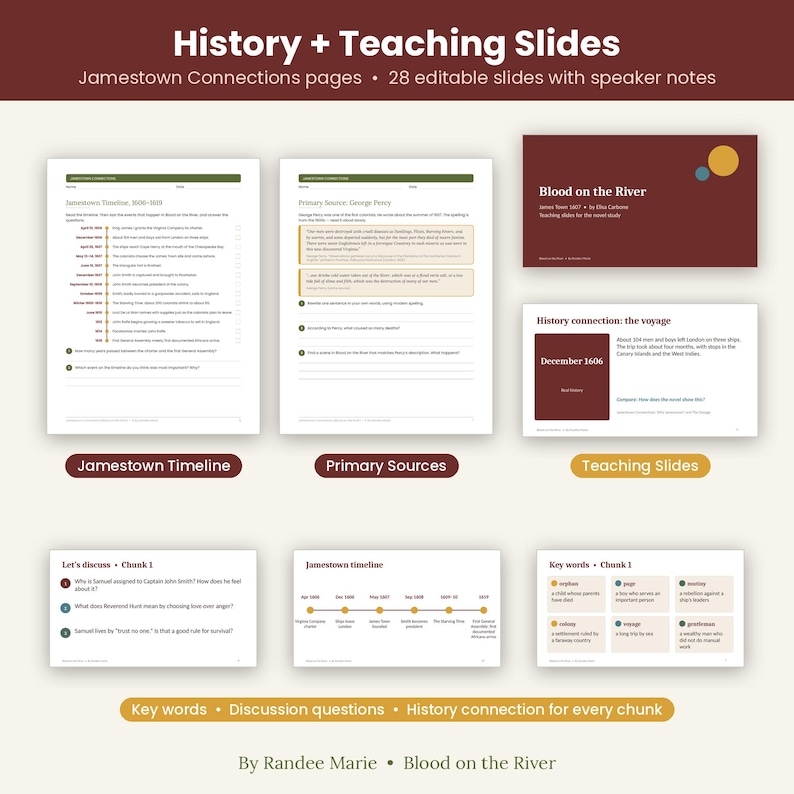 May include: A digital educational resource titled History + Teaching Slides featuring 28 editable pages for the novel Blood on the River. The set includes Jamestown timeline worksheets, primary source analysis pages, and slide decks with discussion questions and vocabulary.