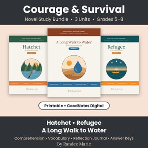 Puede incluir: Un paquete de estudio de novelas Courage & Survival para los grados 5-8 que incluye tres diarios: Hatchet, A Long Walk to Water y Refugee. Cada portada muestra una ilustraci&oacute;n circular, el t&iacute;tulo y el nombre de la autora, Randee Marie.