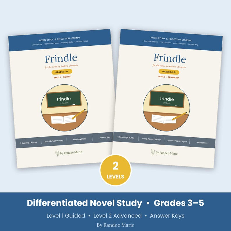 Peut inclure: Deux journaux d'&eacute;tude et de r&eacute;flexion sur le roman Frindle d'Andrew Clements. Les couvertures pr&eacute;sentent une illustration de salle de classe avec un tableau noir et un crayon, marqu&eacute;es pour les niveaux 2-4 et 4-5, par Randee Marie, avec corrig&eacute;s.