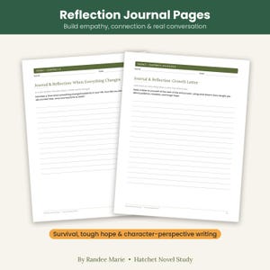 May include: Two white journal pages with green headers titled Reflection Journal Pages. The pages feature lined sections for writing, with prompts including Journal & Reflection: When Everything Changes and Journal & Reflection: Growth Letter.