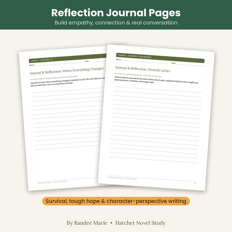 May include: Two white journal pages with green headers titled Reflection Journal Pages. The pages feature lined sections for writing, with prompts including Journal & Reflection: When Everything Changes and Journal & Reflection: Growth Letter.