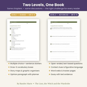 K&ouml;nnte beinhalten: Zwei Arbeitsbl&auml;tter f&uuml;r The Lion, the Witch and the Wardrobe. Stufe 1 enth&auml;lt Multiple-Choice-Verst&auml;ndnisfragen f&uuml;r die Klassen 3-4. Stufe 2 bietet fortgeschrittene offene Fragen f&uuml;r die Klassen 5-6. Beide enthalten Felder f&uuml;r Name und Datum.