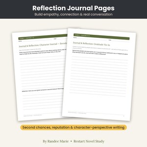 May include: Two white journal pages titled Reflection Journal Pages with the text Build empathy, connection & real conversation. The pages feature lines for writing, prompts about character perspectives, gratitude, and second chances.