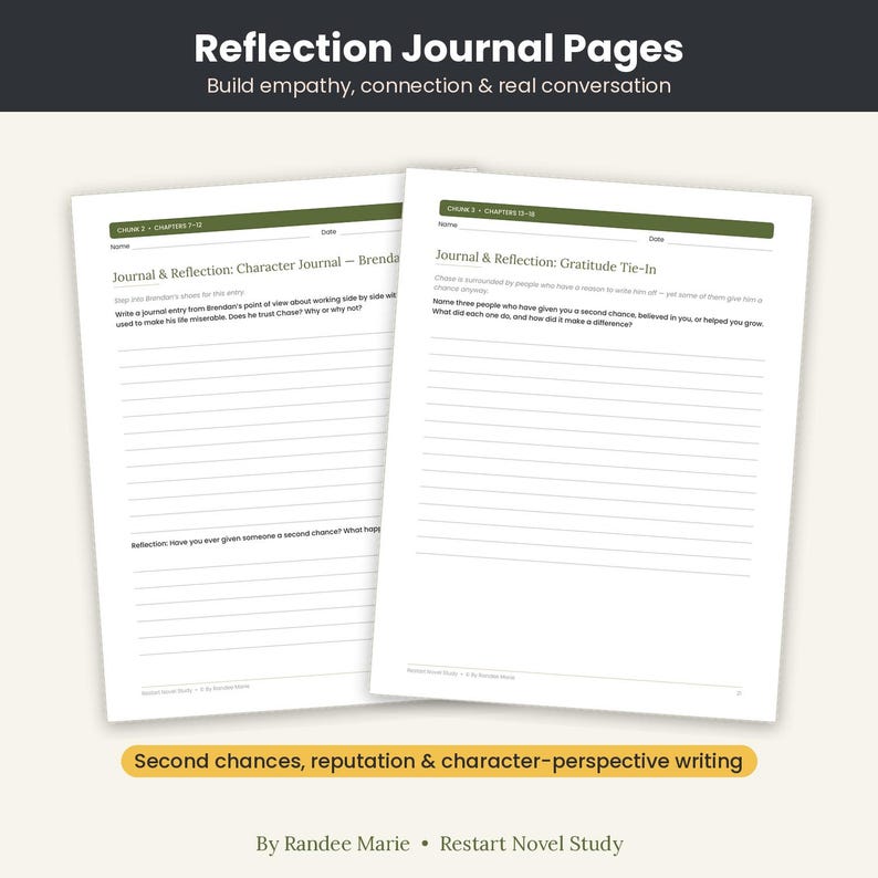 May include: Two white journal pages titled Reflection Journal Pages with the text Build empathy, connection & real conversation. The pages feature lines for writing, prompts about character perspectives, gratitude, and second chances.