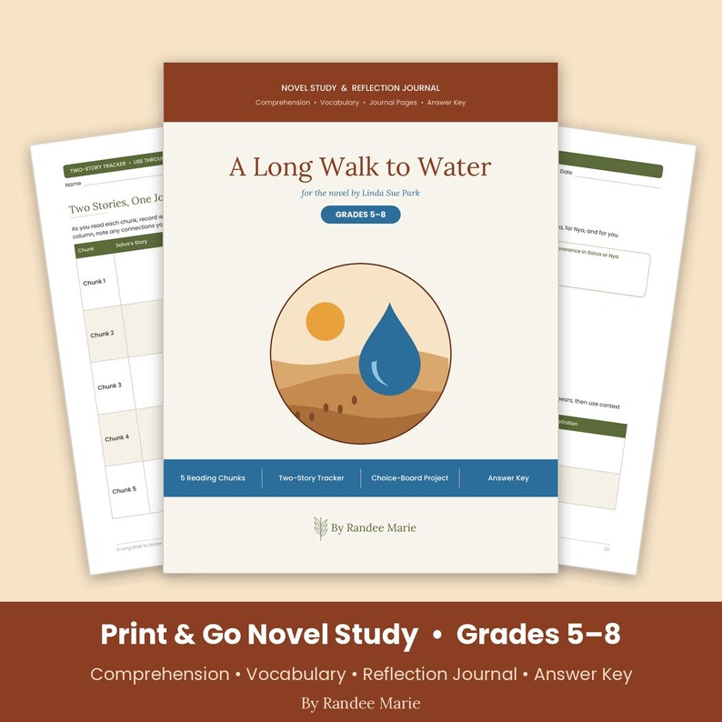 以下が含まれることがあります： リンダ・スー・パークの小説『A Long Walk to Water』の学習・振り返りジャーナル（5〜8年生向け）。表紙には、砂漠の風景の上に太陽と青い水滴が描かれた円形のグラフィックがあり、読書セクションが含まれています。