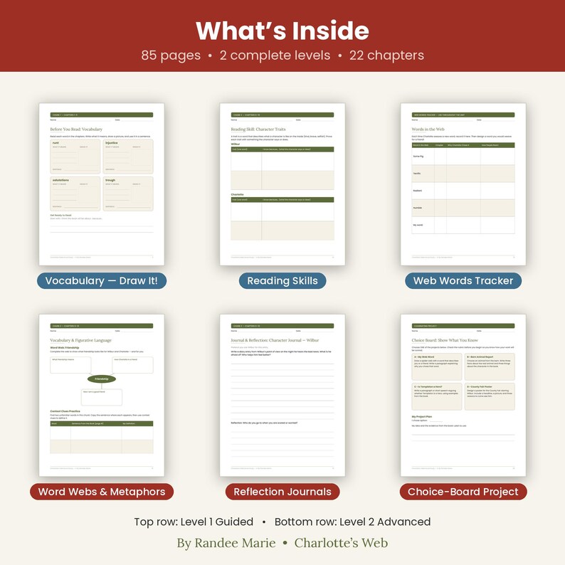 May include: A digital educational workbook titled Charlotte's Web by Randee Marie, featuring 85 pages, 2 levels, and 22 chapters. The layout displays six sample worksheets including Vocabulary, Reading Skills, Web Words Tracker, and Reflection Journals.