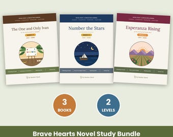 Brave Hearts Novel Study Bundle: Ivan, Number the Stars, Esperanza Rising, 2 Levels, Slides, Quizzes & Tests, Grades 3-6 (PDF + PPT)