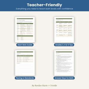 Peut inclure: Quatre pages de documents &eacute;ducatifs blancs avec des en-t&ecirc;tes et du texte vert fonc&eacute;. Les pages sont intitul&eacute;es Start Here Guide, Grades 3, 4 & 5 Tips, Pacing & Standards et Answer Keys for Both. Le texte en haut indique Teacher-Friendly et By Randee Marie Frindle.