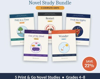 May include: A Kindness & Empathy Novel Study Bundle featuring five complete units for grades 4-8. The collection includes study guides for Fish in a Tree, Restart, Freak the Mighty, Out of My Mind, and Wonder, each with comprehension, vocabulary, and reflection journals.