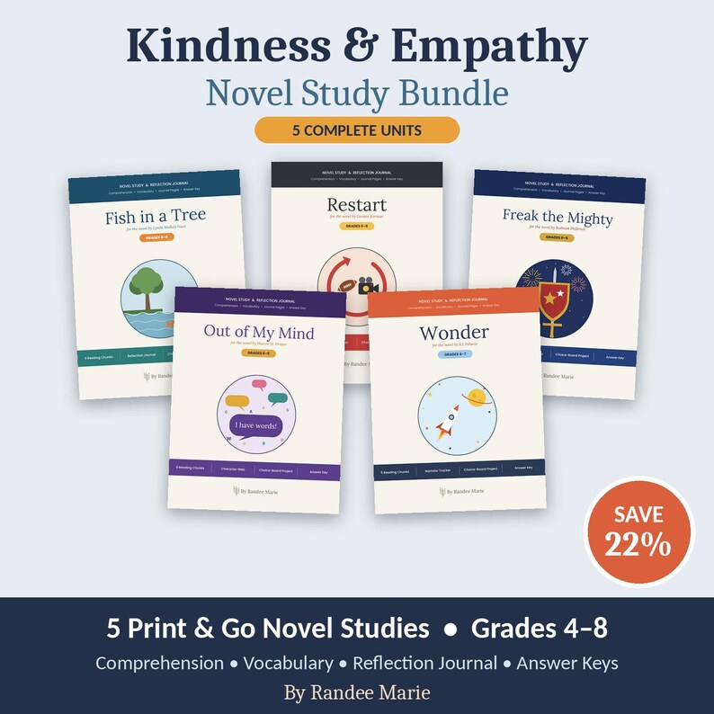 K&ouml;nnte beinhalten: Ein Kindness & Empathy Romanstudien-Paket mit f&uuml;nf kompletten Einheiten f&uuml;r die Klassen 4-8. Die Sammlung enth&auml;lt Studienf&uuml;hrer f&uuml;r Fish in a Tree, Restart, Freak the Mighty, Out of My Mind und Wonder, jeweils mit Verst&auml;ndnis&uuml;bungen und Journalen.