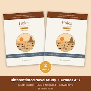 Pode incluir: Dois cadernos educativos intitulados Holes para o romance de Louis Sachar, com uma ilustra&ccedil;&atilde;o de deserto, uma p&aacute; e um sol. Um est&aacute; rotulado como Grades 4-5 Level 1 Guided, o outro Grades 6-7 Level 2 Advanced, ambos por Randee Marie.
