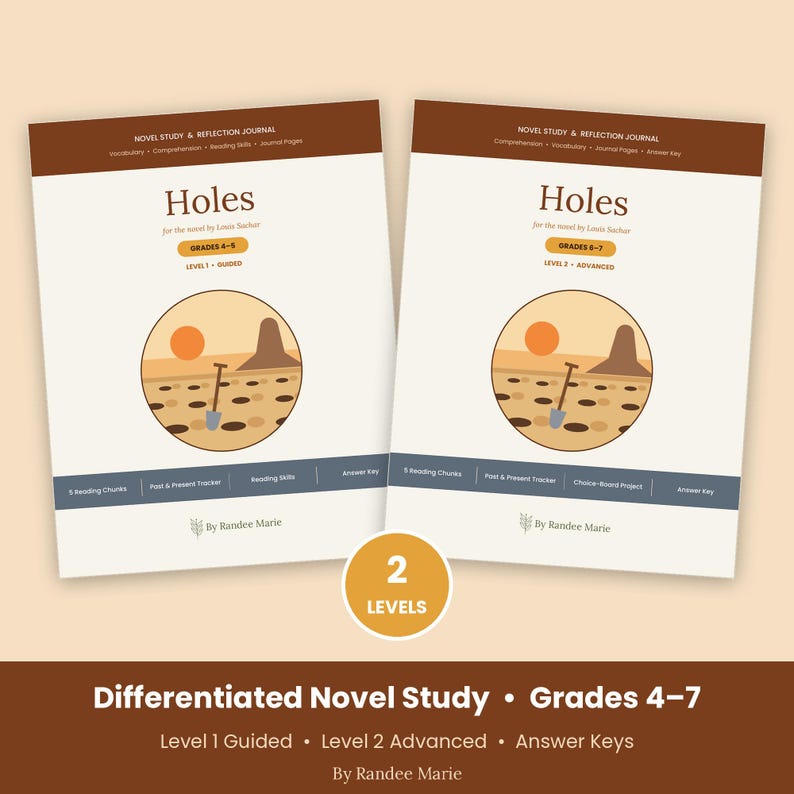 Pode incluir: Dois cadernos educativos intitulados Holes para o romance de Louis Sachar, com uma ilustra&ccedil;&atilde;o de deserto, uma p&aacute; e um sol. Um est&aacute; rotulado como Grades 4-5 Level 1 Guided, o outro Grades 6-7 Level 2 Advanced, ambos por Randee Marie.