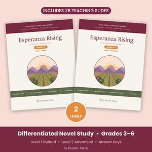 Puede incluir: Dos cuadernos educativos titulados Esperanza Rising para la novela de Pam Mu&ntilde;oz Ryan, con una ilustraci&oacute;n circular de un amanecer sobre monta&ntilde;as y campos. Las portadas incluyen texto para los grados 3-6, nivel 1 guiado y nivel 2 avanzado.