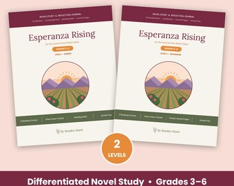 Könnte beinhalten: Zwei pädagogische Arbeitshefte mit dem Titel Esperanza Rising zum Roman von Pam Muñoz Ryan, mit einer kreisförmigen Illustration eines Sonnenaufgangs über Bergen und Feldern. Die Umschläge enthalten Text für die Klassen 3-6, Stufe 1 und 2.