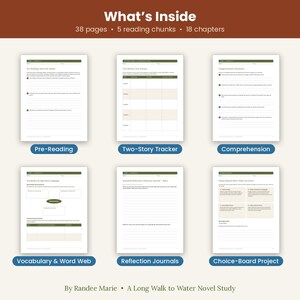 Puede incluir: Un paquete de estudio de novela digital titulado A Long Walk to Water por Randee Marie, con 38 p&aacute;ginas, 5 bloques de lectura y 18 cap&iacute;tulos. El dise&ntilde;o muestra seis hojas de trabajo distintas que incluyen prelectura, seguimiento de historia, comprensi&oacute;n, vocabulario, diarios de reflexi&oacute;n y un proyecto de elecci&oacute;n.