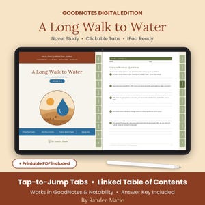 以下が含まれることがあります： タブレット画面に表示された「A Long Walk to Water」のデジタル小説学習教材。インターフェースにはクリック可能なタブ、目次、理解度確認問題が含まれています。タブレットの下には白いスタイラスペンが置かれています。