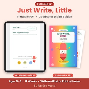 Pode incluir: Um di&aacute;rio digital intitulado Just Write, Little, com um layout de desenho e gratid&atilde;o di&aacute;ria de 12 semanas para idades de 5 a 8 anos. O conjunto inclui um PDF imprim&iacute;vel de 15,24 x 22,86 cm e uma edi&ccedil;&atilde;o digital GoodNotes em um tablet.