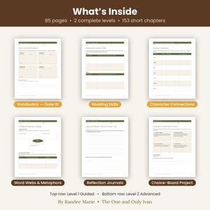 Pu&ograve; includere: Una risorsa educativa digitale intitolata The One and Only Ivan di Randee Marie, con 85 pagine, 2 livelli e 153 capitoli. Sono mostrati sei esempi di fogli di lavoro, tra cui vocabolario, abilit&agrave; di lettura, connessioni tra personaggi e diari.