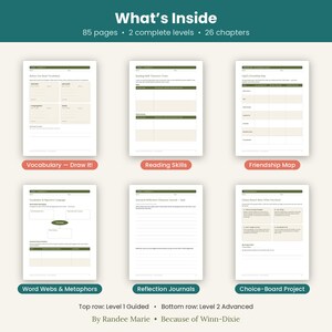 May include: A digital educational resource titled What's Inside featuring 85 pages, 2 levels, and 26 chapters. It displays six worksheets including Vocabulary, Reading Skills, Friendship Map, Word Webs, Reflection Journals, and a Choice-Board.