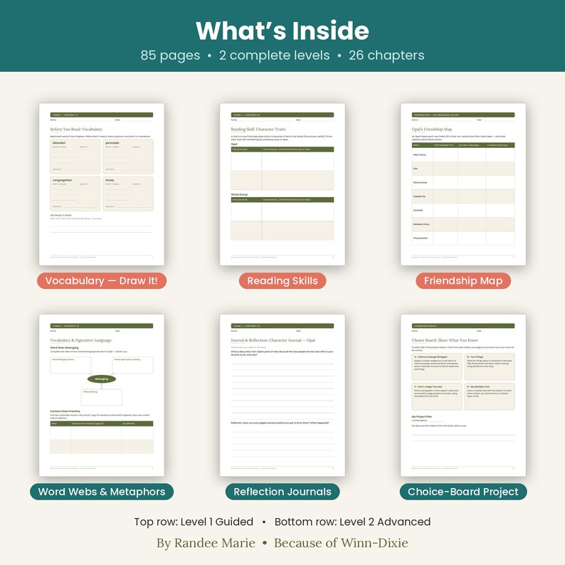 May include: A digital educational resource titled What's Inside featuring 85 pages, 2 levels, and 26 chapters. It displays six worksheets including Vocabulary, Reading Skills, Friendship Map, Word Webs, Reflection Journals, and a Choice-Board.