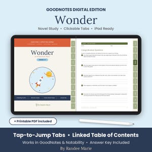 May include: A digital novel study journal for the book Wonder by R.J. Palacio, displayed on a tablet screen. The interface features clickable tabs, a rocket ship illustration, and comprehension questions. Includes a stylus and printable PDF option.