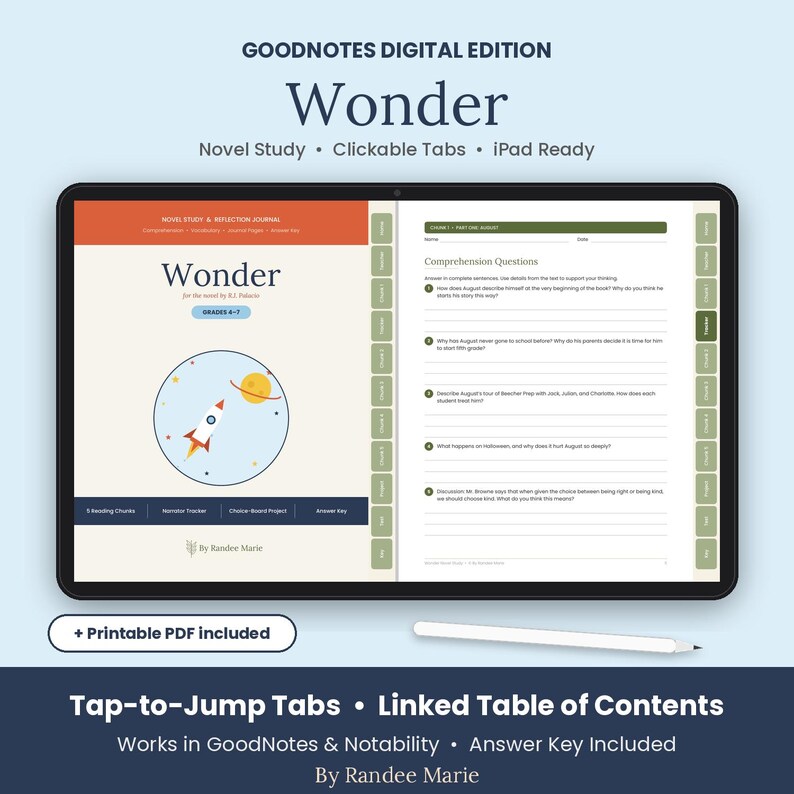 May include: A digital novel study journal for the book Wonder by R.J. Palacio, displayed on a tablet screen. The interface features clickable tabs, a rocket ship illustration, and comprehension questions. Includes a stylus and printable PDF option.