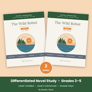 Peut inclure: Deux cahiers d'exercices intitul&eacute;s The Wild Robot pour le roman de Peter Brown, avec une illustration circulaire d'un paysage avec des arbres, de l'eau et un engrenage. Les couvertures affichent le niveau 1 guid&eacute; et le niveau 2 avanc&eacute;.
