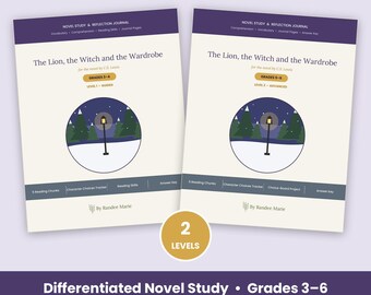 May include: Two educational workbooks titled The Lion, the Witch and the Wardrobe by C.S. Lewis. The covers are cream with purple accents, featuring a circular illustration of a snowy forest with a lamp post. One is Level 1, the other Level 2.