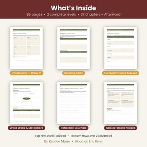 May include: A digital educational resource titled Blood on the River by Randee Marie, featuring 85 pages, 2 levels, and 27 chapters. The layout displays six worksheets including vocabulary, reading skills, survival trackers, and reflection journals.