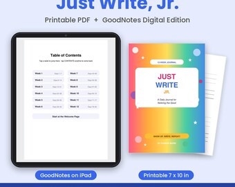 Op de afbeelding: Een digitaal dagboek getiteld Just Write, Jr. met een regenboogverloop op de kaft, versierd met sterren en cirkels. De set bevat een printbare PDF van 17,78 bij 25,4 cm en een digitale GoodNotes-editie voor iPad met een inhoudsopgave voor 12 weken.