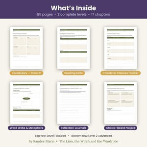 K&ouml;nnte beinhalten: Ein digitales p&auml;dagogisches Arbeitsbuch mit dem Titel The Lion, the Witch and the Wardrobe von Randee Marie, mit 85 Seiten, 2 Niveaus und 17 Kapiteln. Das Layout zeigt sechs Arbeitsbl&auml;tter zu Wortschatz, Lesef&auml;higkeiten und Charakter-Trackern.