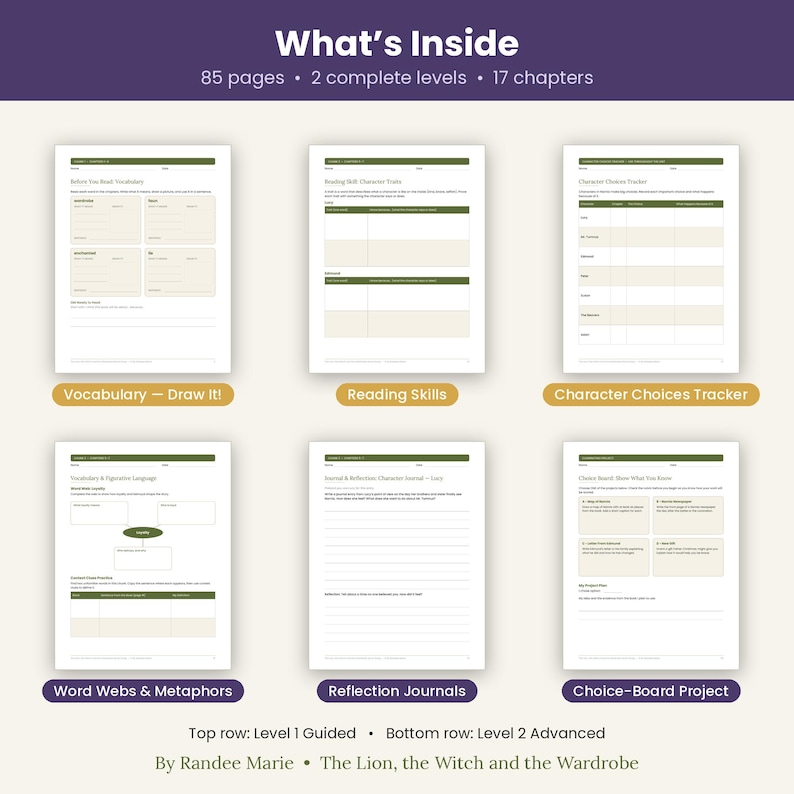 K&ouml;nnte beinhalten: Ein digitales p&auml;dagogisches Arbeitsbuch mit dem Titel The Lion, the Witch and the Wardrobe von Randee Marie, mit 85 Seiten, 2 Niveaus und 17 Kapiteln. Das Layout zeigt sechs Arbeitsbl&auml;tter zu Wortschatz, Lesef&auml;higkeiten und Charakter-Trackern.