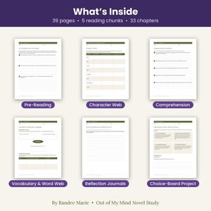 K&ouml;nnte beinhalten: Ein digitales Roman-Studienpaket mit dem Titel Out of My Mind von Randee Marie, bestehend aus 39 Seiten, 5 Leseabschnitten und 33 Kapiteln. Es enth&auml;lt sechs Arbeitsbl&auml;tter: Pre-Reading, Character Web, Comprehension, Vocabulary & Word Web, Reflection Journals und Choice-Board Project, alle mit gr&uuml;nen Kopfzeilen und linierten Schreibfeldern.